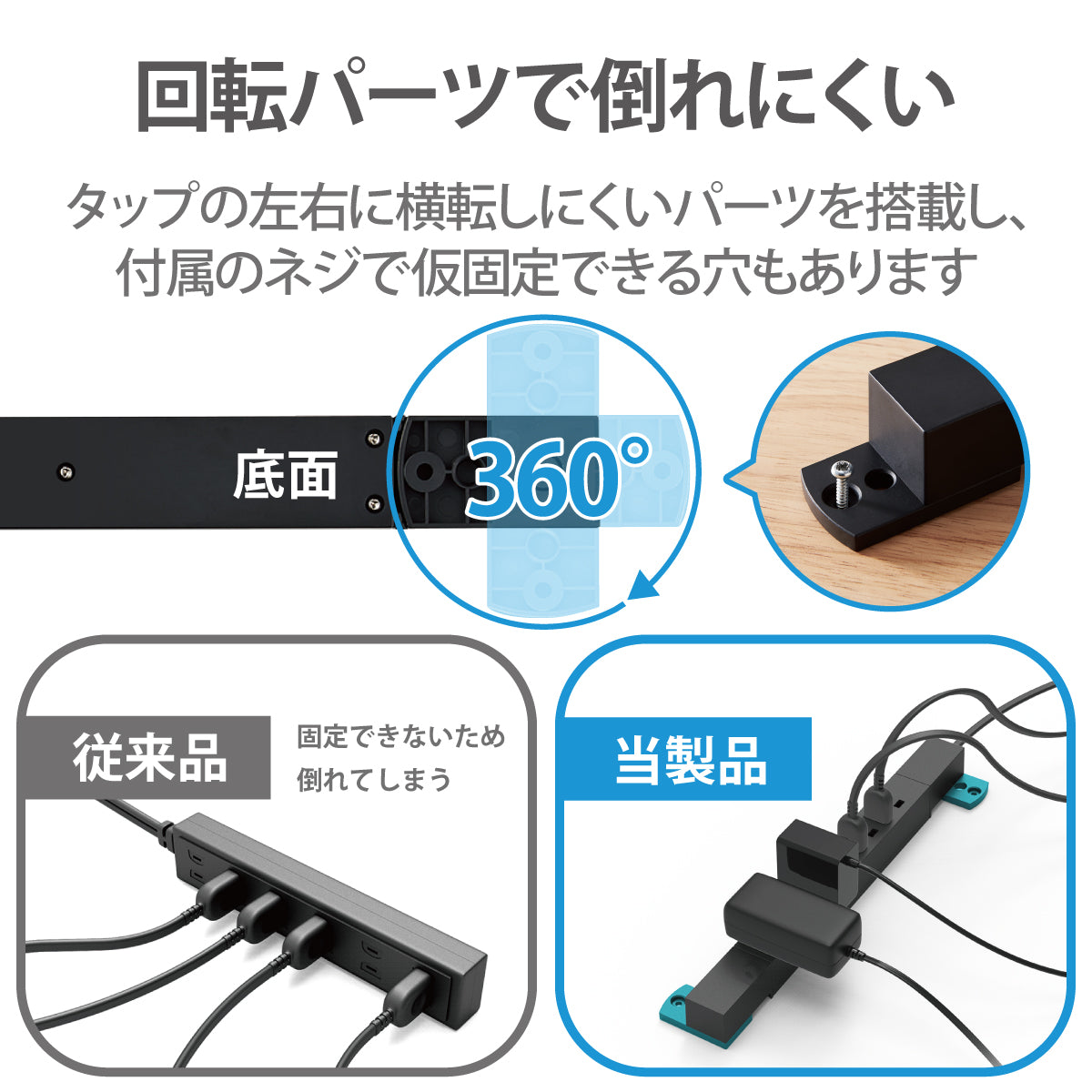 エレコム ダブル回転タップ 7口 雷サージ付 ホコリ防止シャッター付 固定&吊下可能 1m 2m 3m