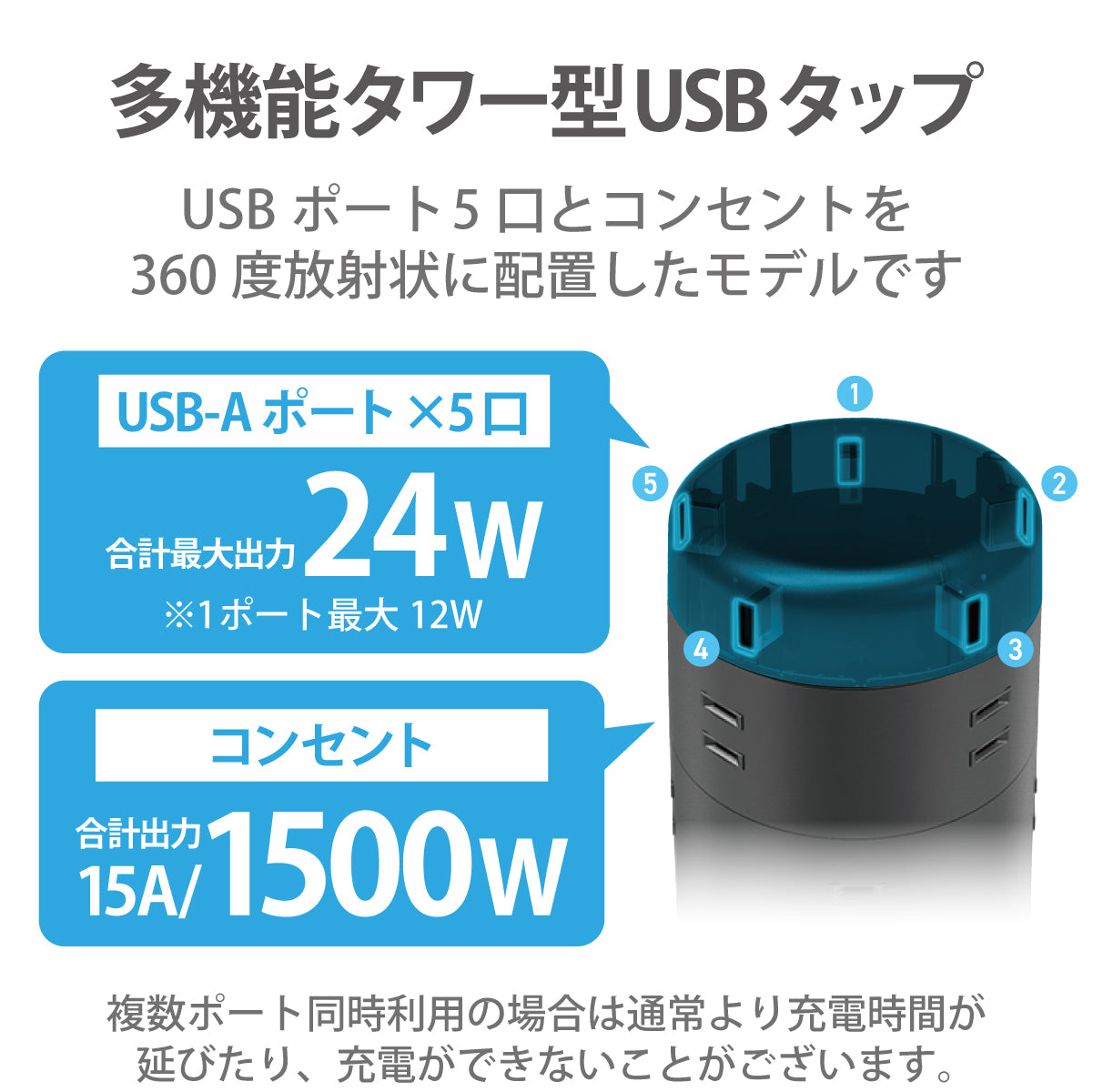 エレコム タワー型タップ 8個口 雷サージ付 ホコリ防止シャッター付 固定可能 5ポート合計出力4.8A 2.0m 8口 12口