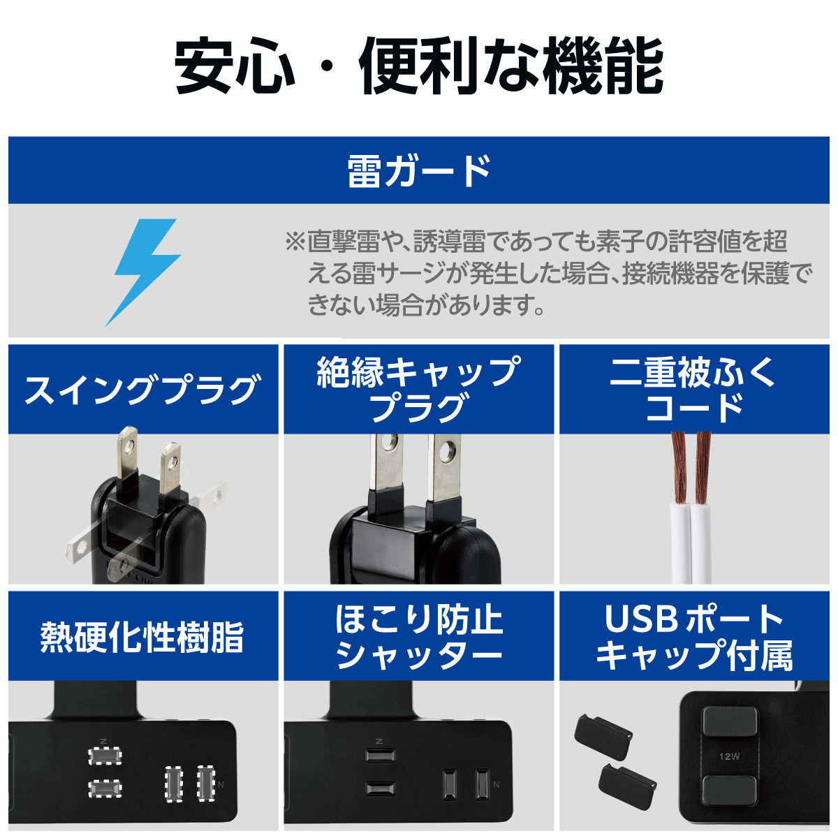 エレコム USBクリップタップ 雷サージ付 ホコリシャッター付 3個口 スイングプラグ USBA×2 2.4A 1.5m 3m